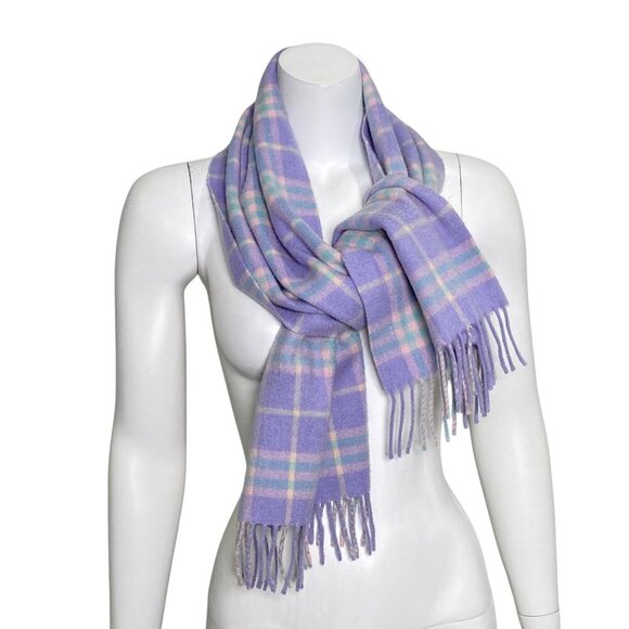 Burberry London Scarf Purple Plaid 100% Cashmere Fringe Made in England Vintage - Picture 1 of 5